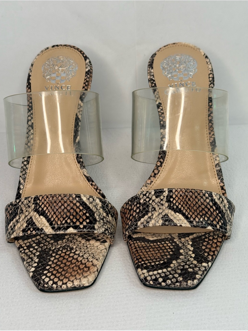 Vince Camuto Clear-strap Snake Print Slide Sandals - Beige & Black